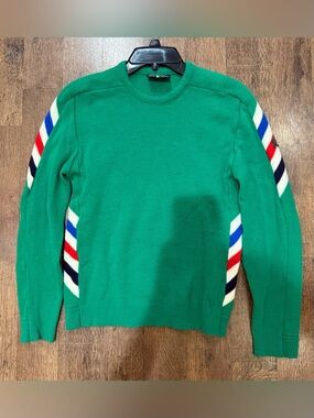 Vintage 80s Demeter Green Crewneck ski Sweater Stripes Trim pure wool m